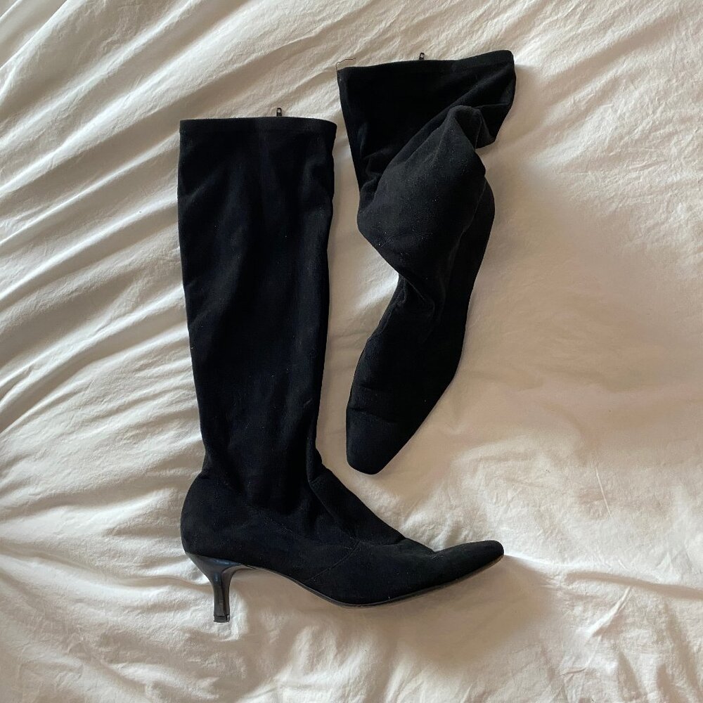 Talbots Women 10 M Pointed Toe Tall Boots, Kitten Heel Black Faux Suede Zip